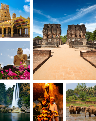 A collage of Sri Lankan scenes: illuminated temples, ancient ruins, a Buddha statue, a waterfall, a traditional fire dancer, and wild elephants.